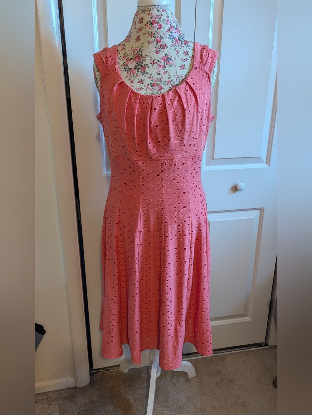 London Times Sleeveless Coral Eyelet Fit-and-Flare Dress